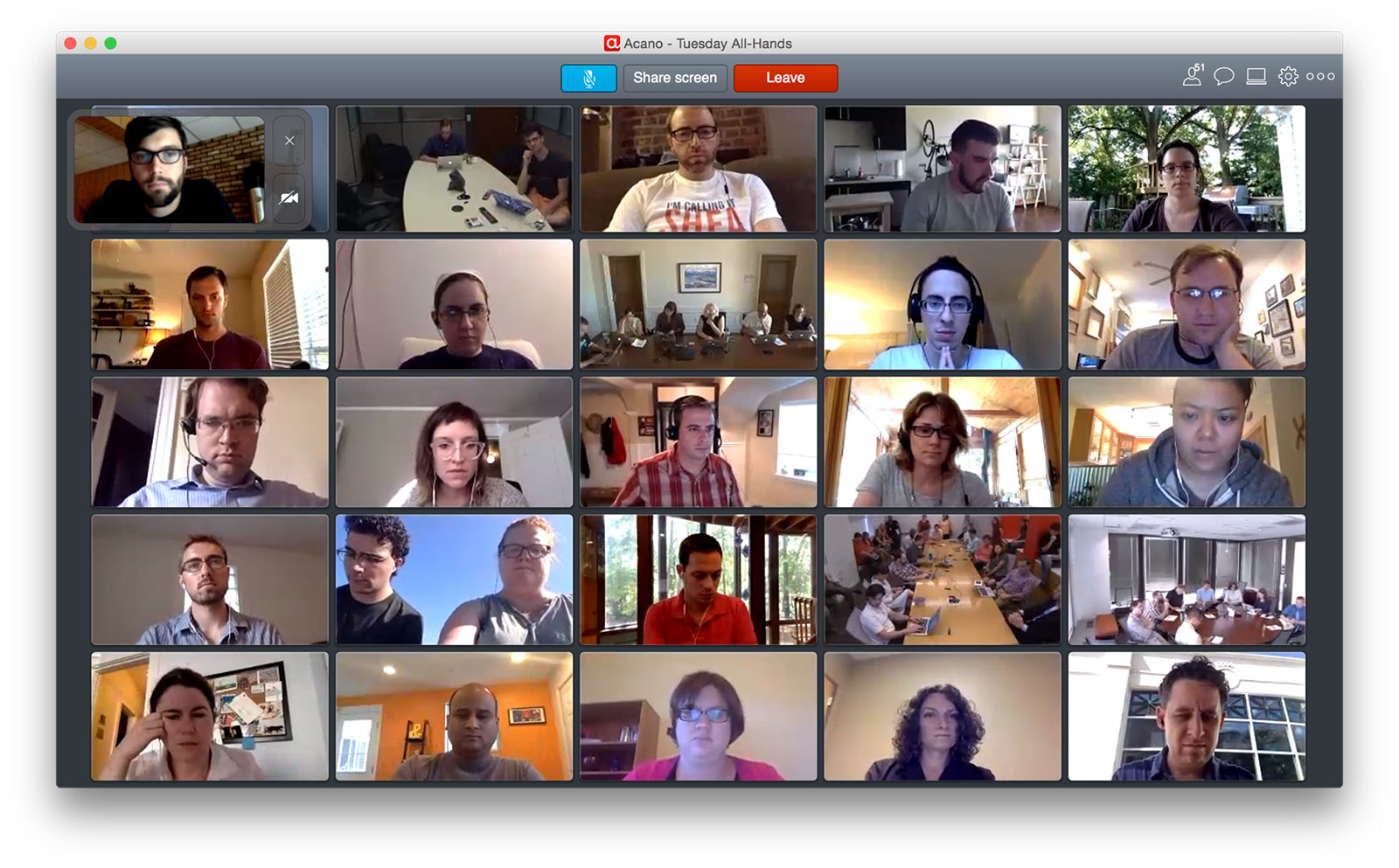 A grid of 18F team members using video chat to attend a meeting.