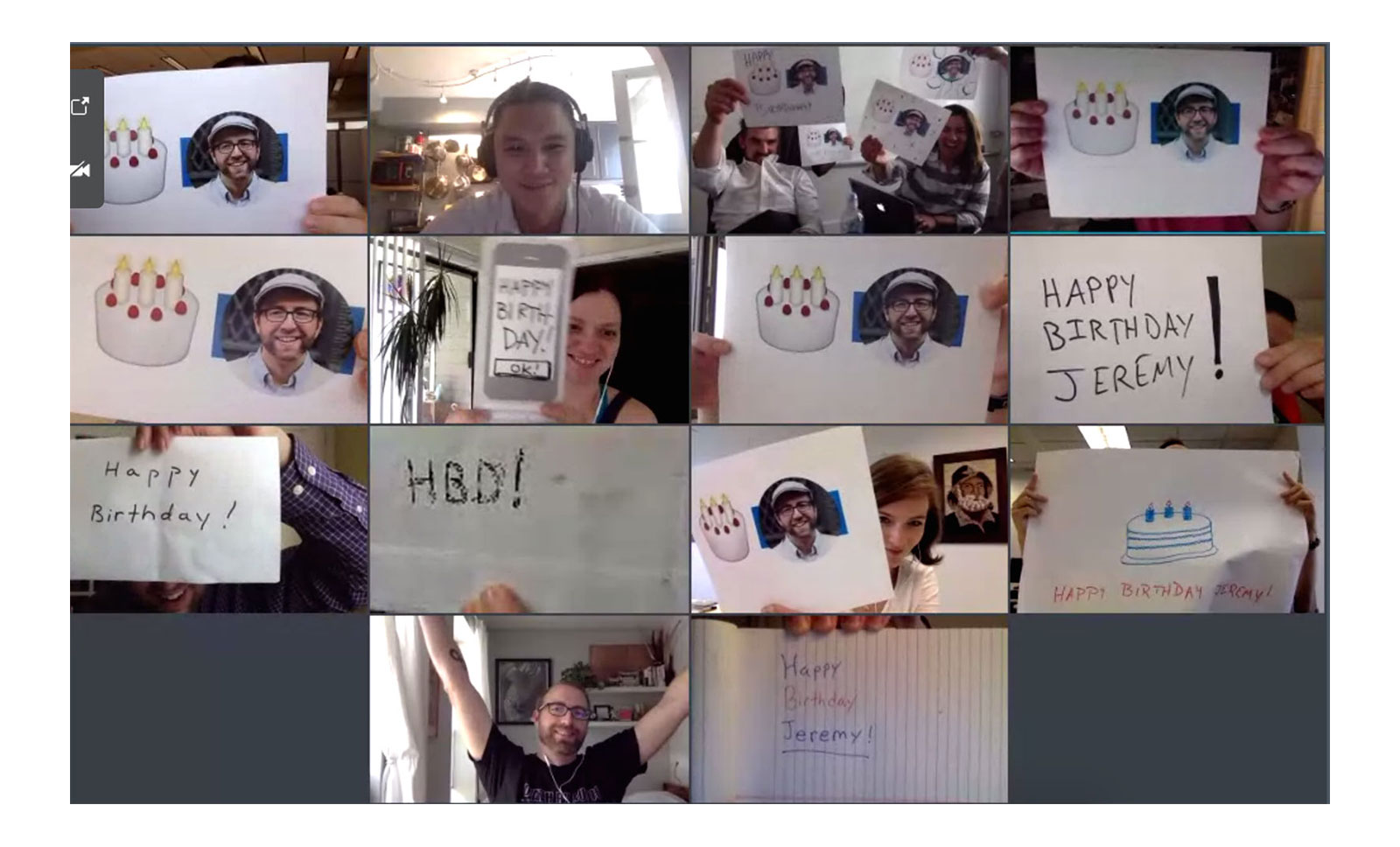 A grid of 18F team members using signs to wish their colleague a happy birthday.